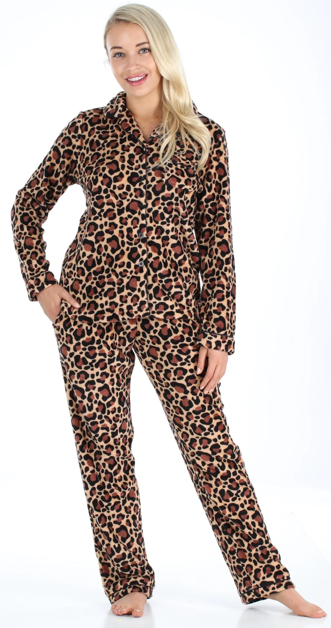 PajamaMania Women’s Plush Fleece Long Sleeve 2-Piece Button-Down Pajamas