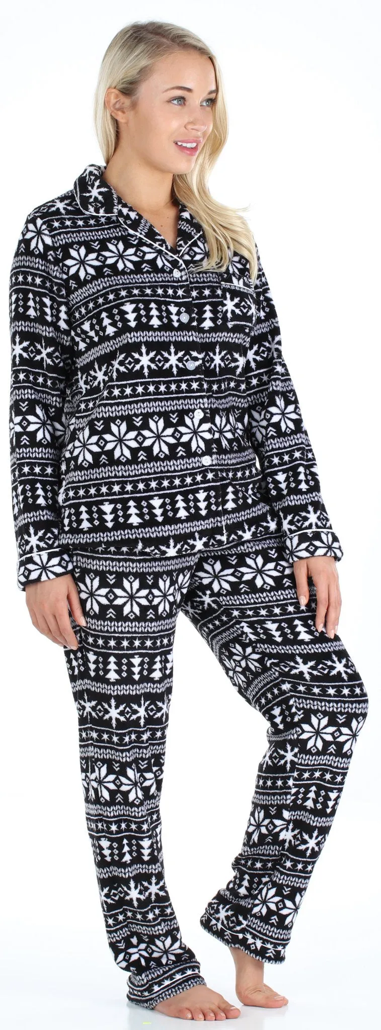 PajamaMania Women’s Plush Fleece Long Sleeve 2-Piece Button-Down Pajamas