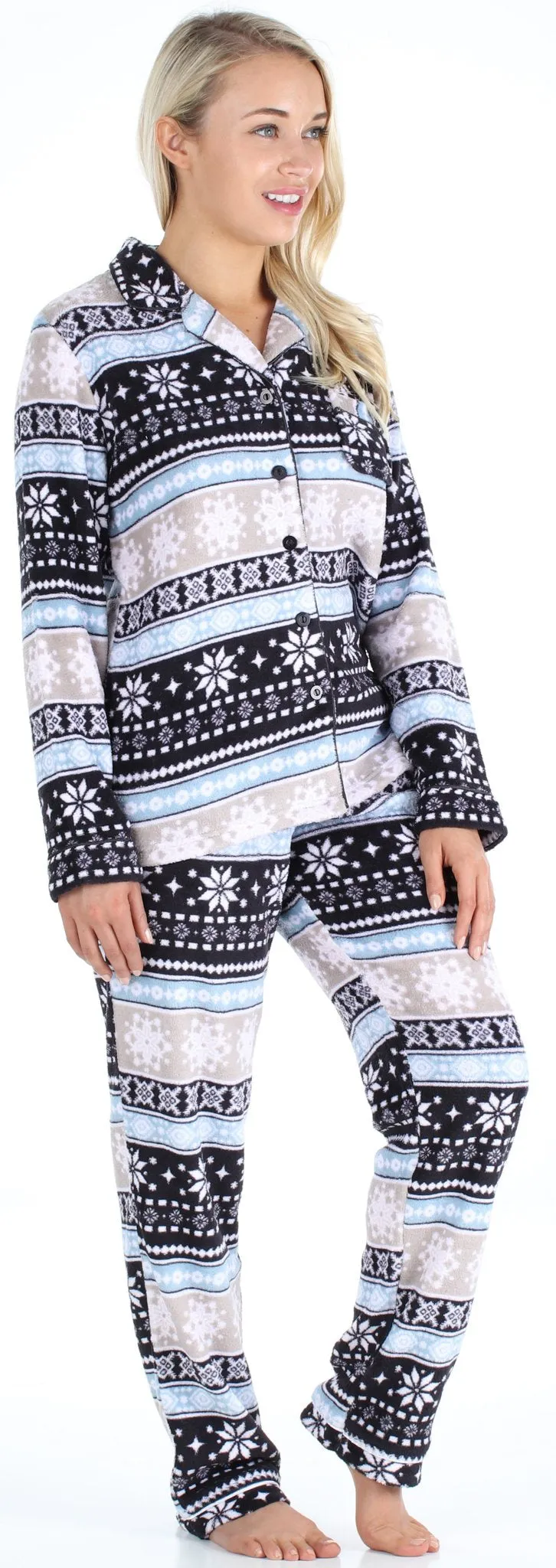 PajamaMania Women’s Plush Fleece Long Sleeve 2-Piece Button-Down Pajamas