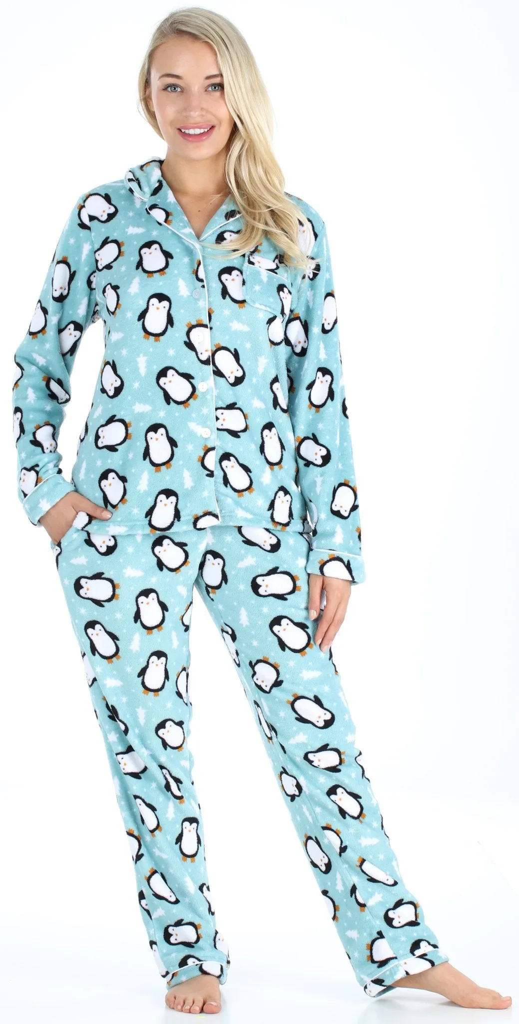 PajamaMania Women’s Plush Fleece Long Sleeve 2-Piece Button-Down Pajamas
