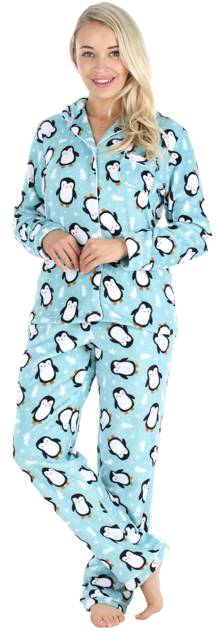 PajamaMania Women’s Plush Fleece Long Sleeve 2-Piece Button-Down Pajamas