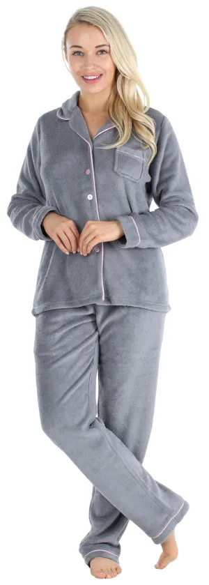 PajamaMania Women’s Plush Fleece Long Sleeve 2-Piece Button-Down Pajamas