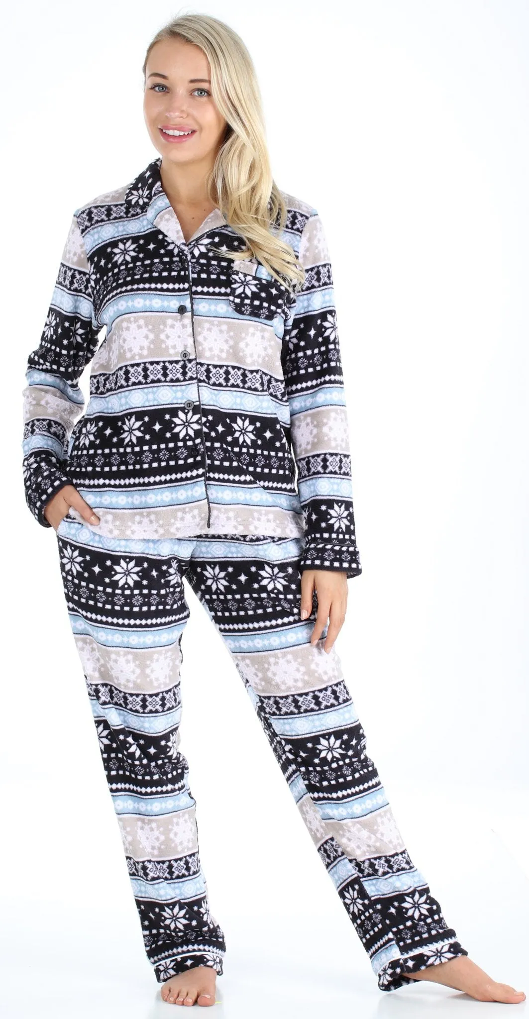 PajamaMania Women’s Plush Fleece Long Sleeve 2-Piece Button-Down Pajamas