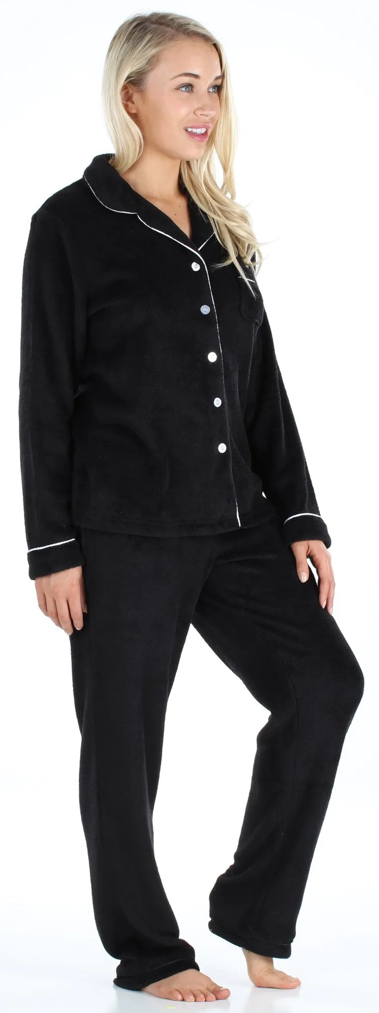 PajamaMania Women’s Plush Fleece Long Sleeve 2-Piece Button-Down Pajamas