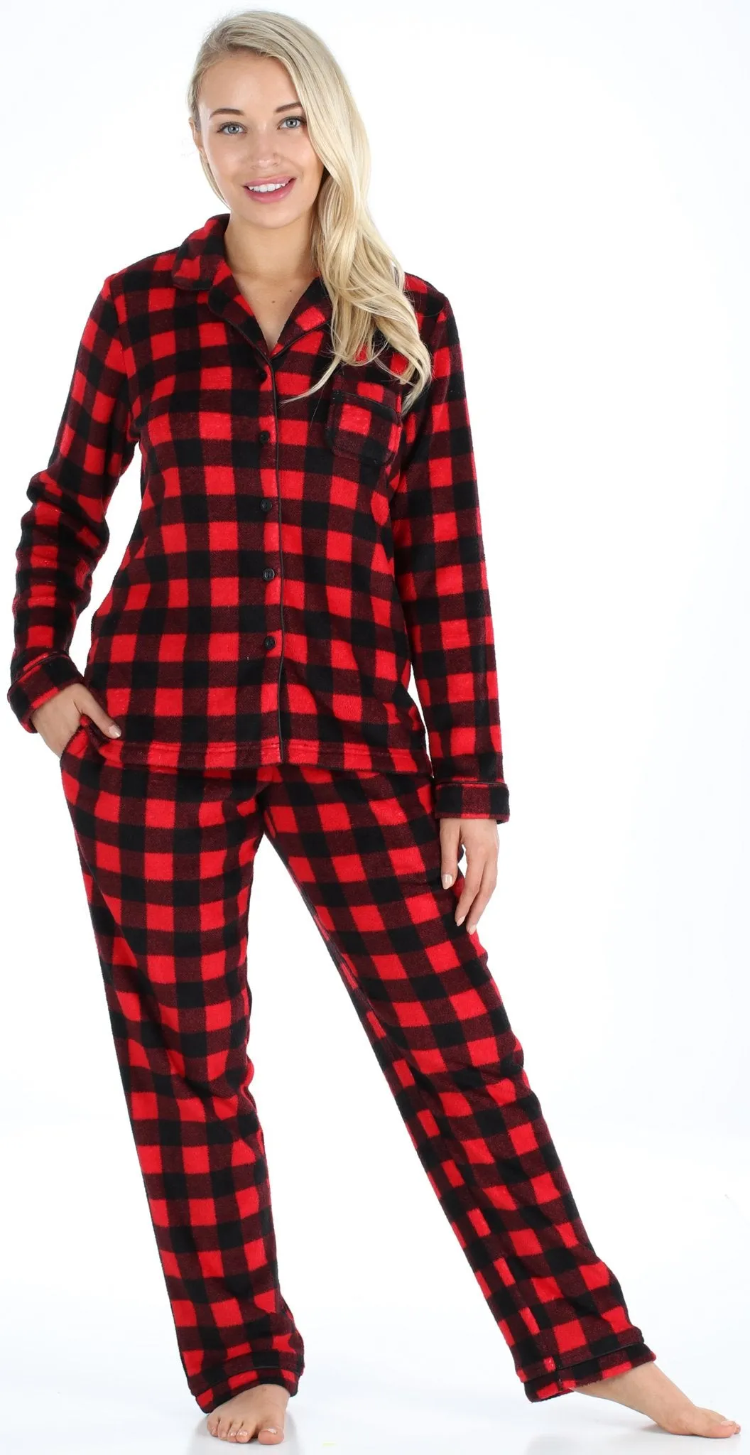 PajamaMania Women’s Plush Fleece Long Sleeve 2-Piece Button-Down Pajamas