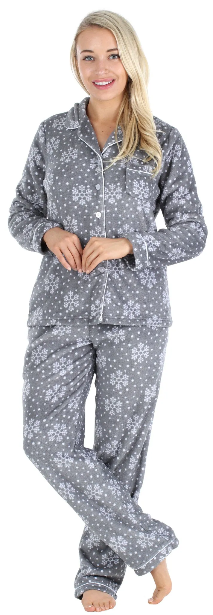 PajamaMania Women’s Plush Fleece Long Sleeve 2-Piece Button-Down Pajamas