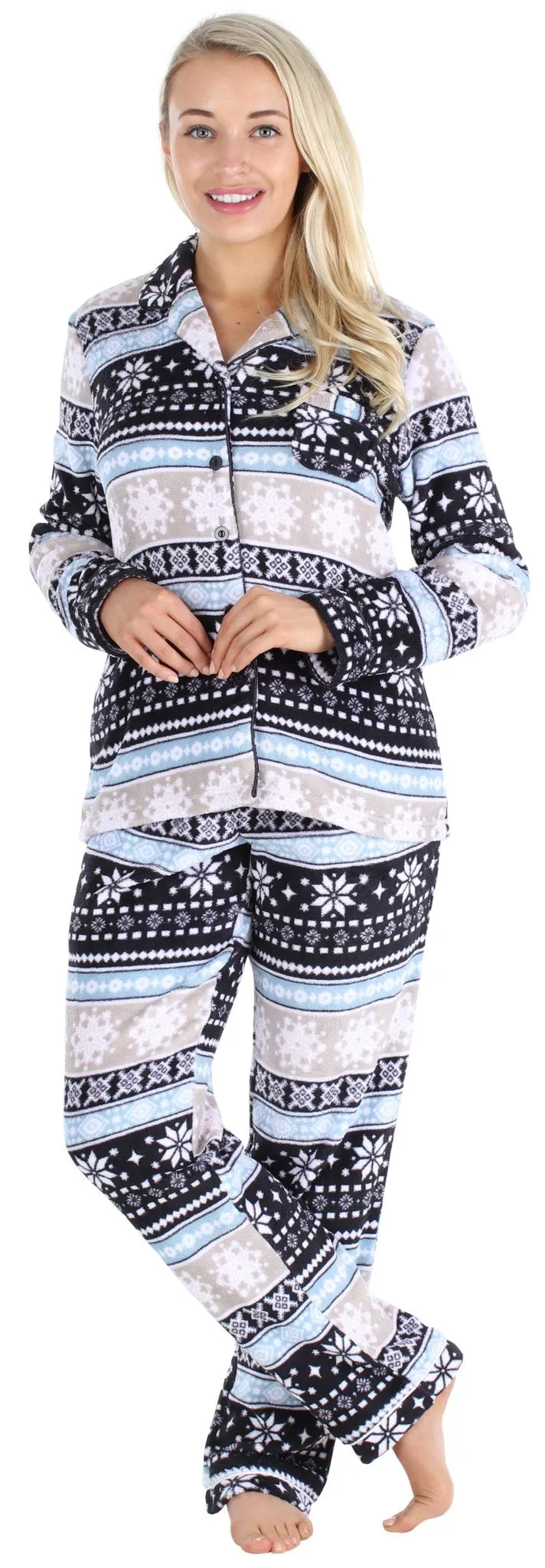 PajamaMania Women’s Plush Fleece Long Sleeve 2-Piece Button-Down Pajamas