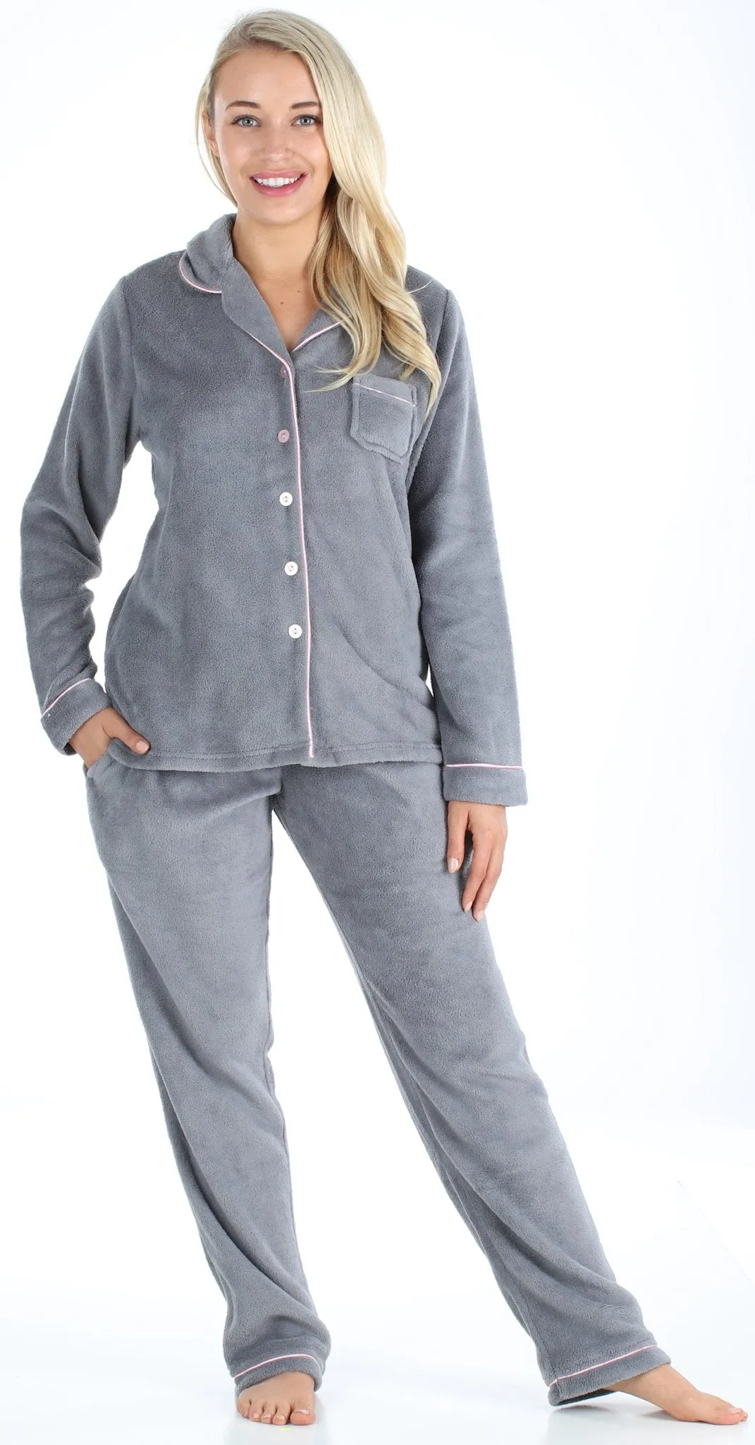 PajamaMania Women’s Plush Fleece Long Sleeve 2-Piece Button-Down Pajamas