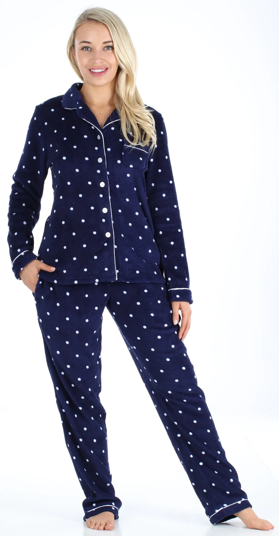 PajamaMania Women’s Plush Fleece Long Sleeve 2-Piece Button-Down Pajamas