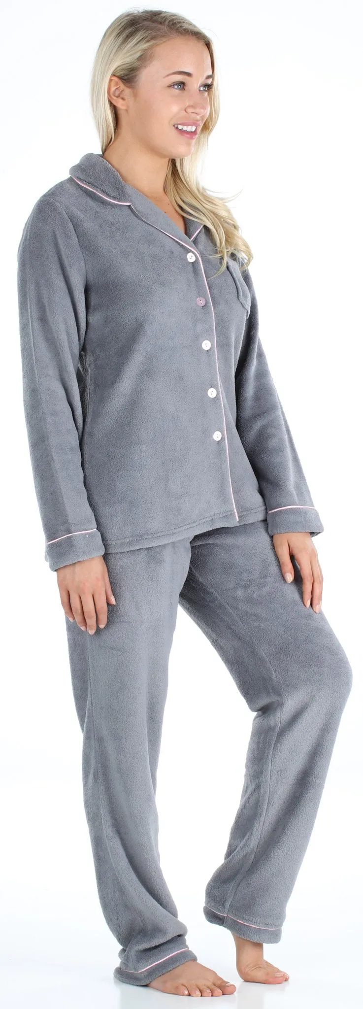 PajamaMania Women’s Plush Fleece Long Sleeve 2-Piece Button-Down Pajamas