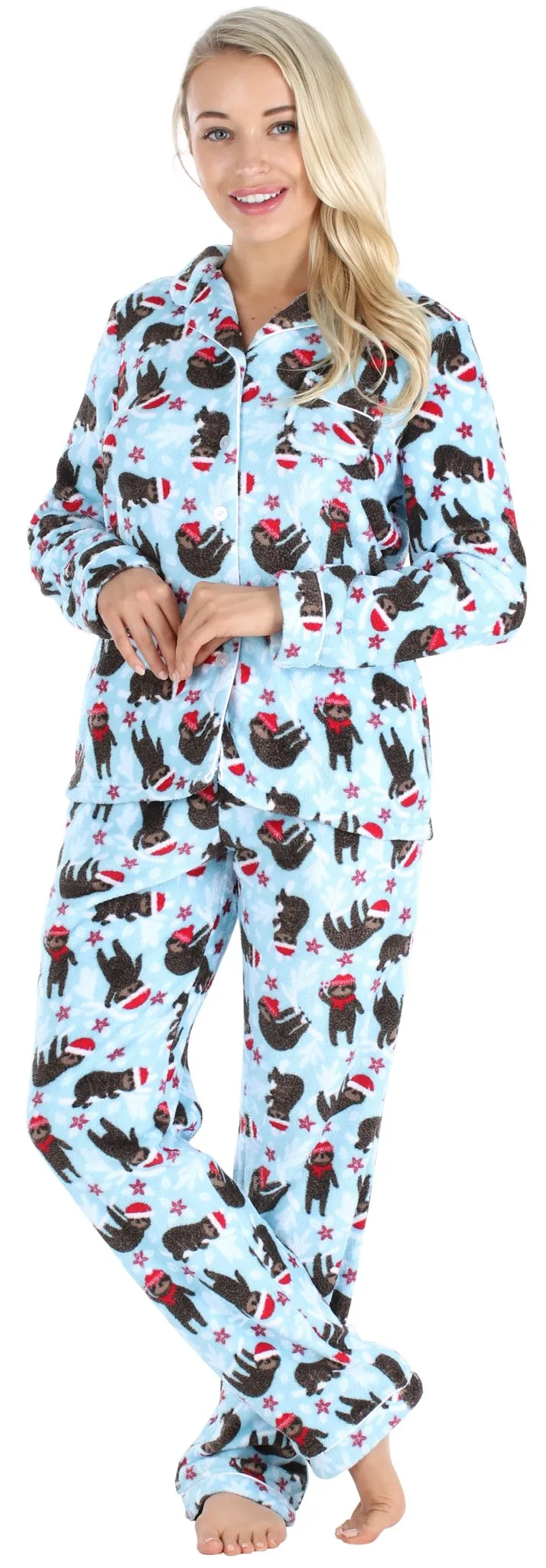 PajamaMania Women’s Plush Fleece Long Sleeve 2-Piece Button-Down Pajamas