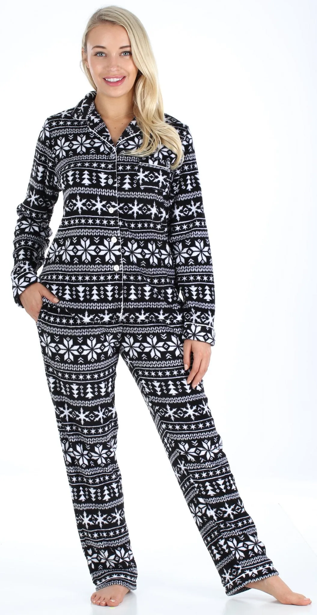 PajamaMania Women’s Plush Fleece Long Sleeve 2-Piece Button-Down Pajamas