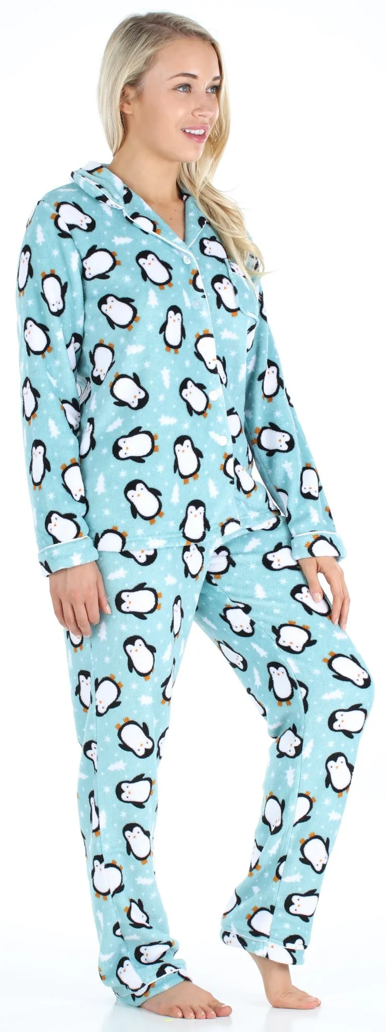 PajamaMania Women’s Plush Fleece Long Sleeve 2-Piece Button-Down Pajamas