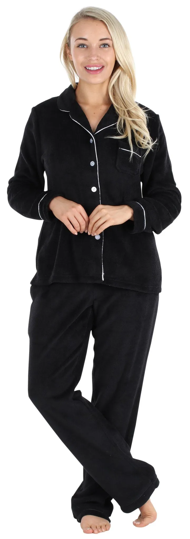 PajamaMania Women’s Plush Fleece Long Sleeve 2-Piece Button-Down Pajamas