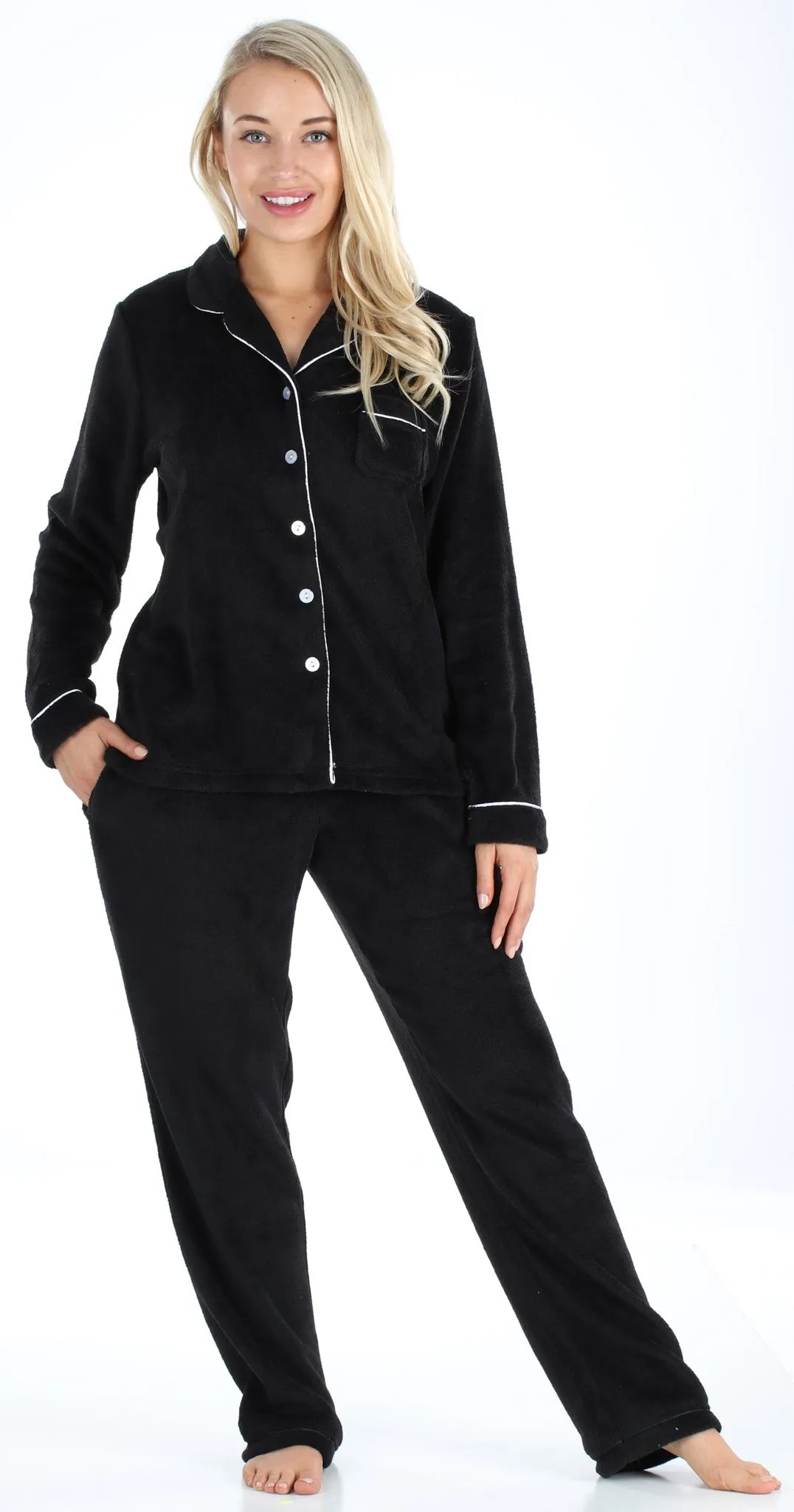 PajamaMania Women’s Plush Fleece Long Sleeve 2-Piece Button-Down Pajamas