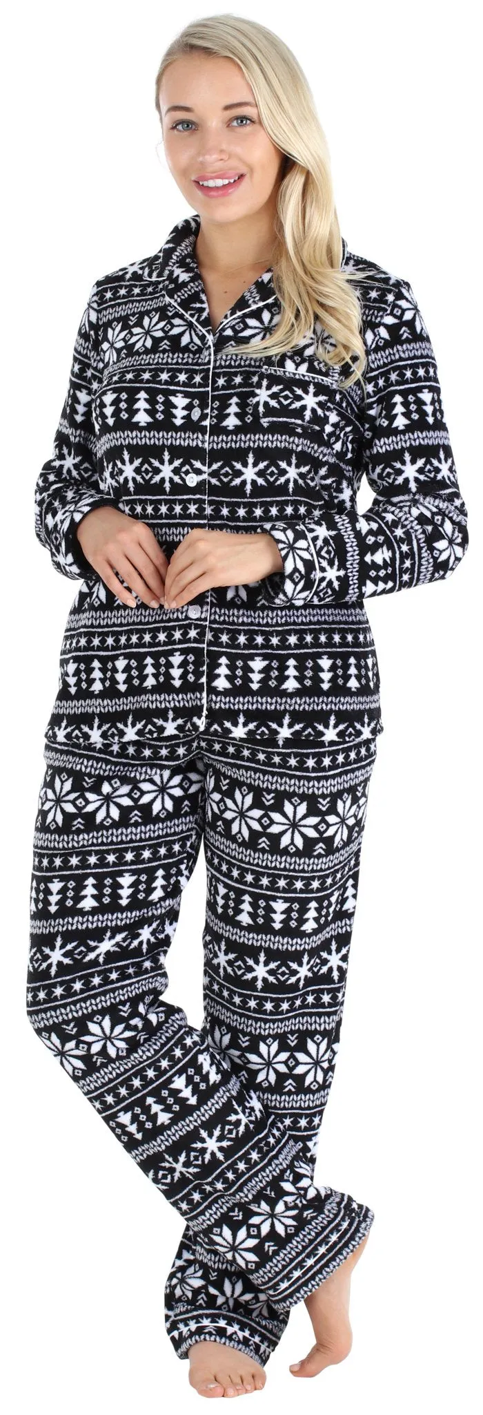 PajamaMania Women’s Plush Fleece Long Sleeve 2-Piece Button-Down Pajamas