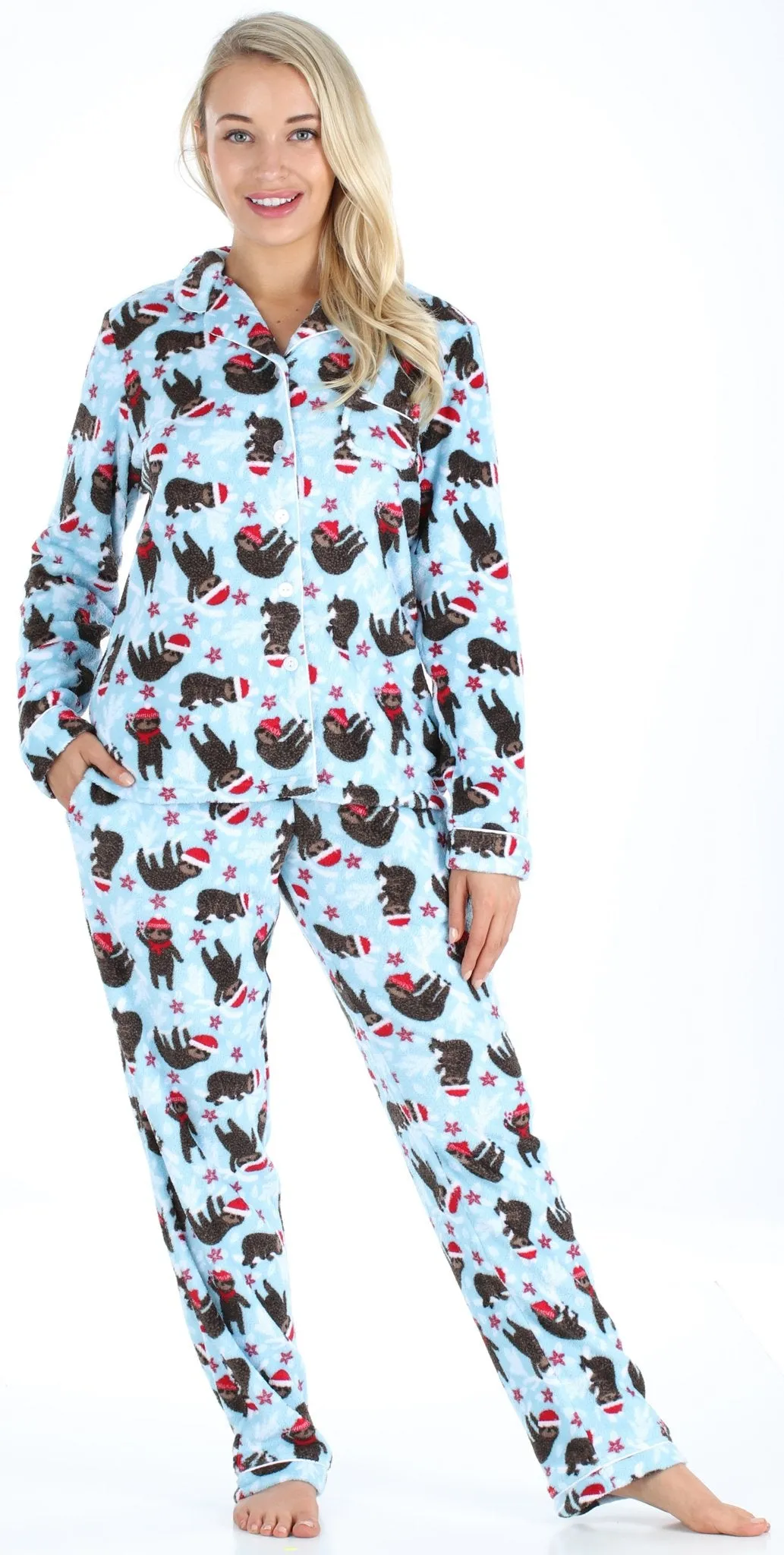PajamaMania Women’s Plush Fleece Long Sleeve 2-Piece Button-Down Pajamas