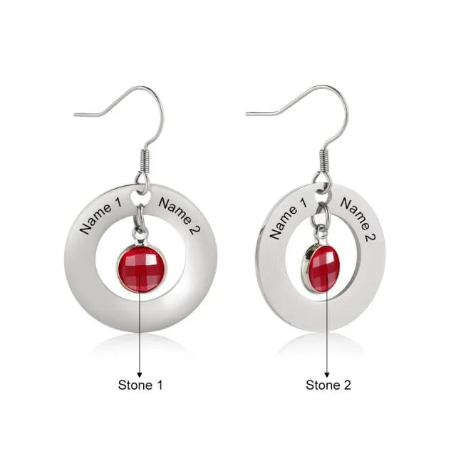 Personalized Stainless Steel Jewelry- Circle Earrings With Birthstones Jewelry- Dangle Drop Earrings For Women- Customized Jewelry For Women