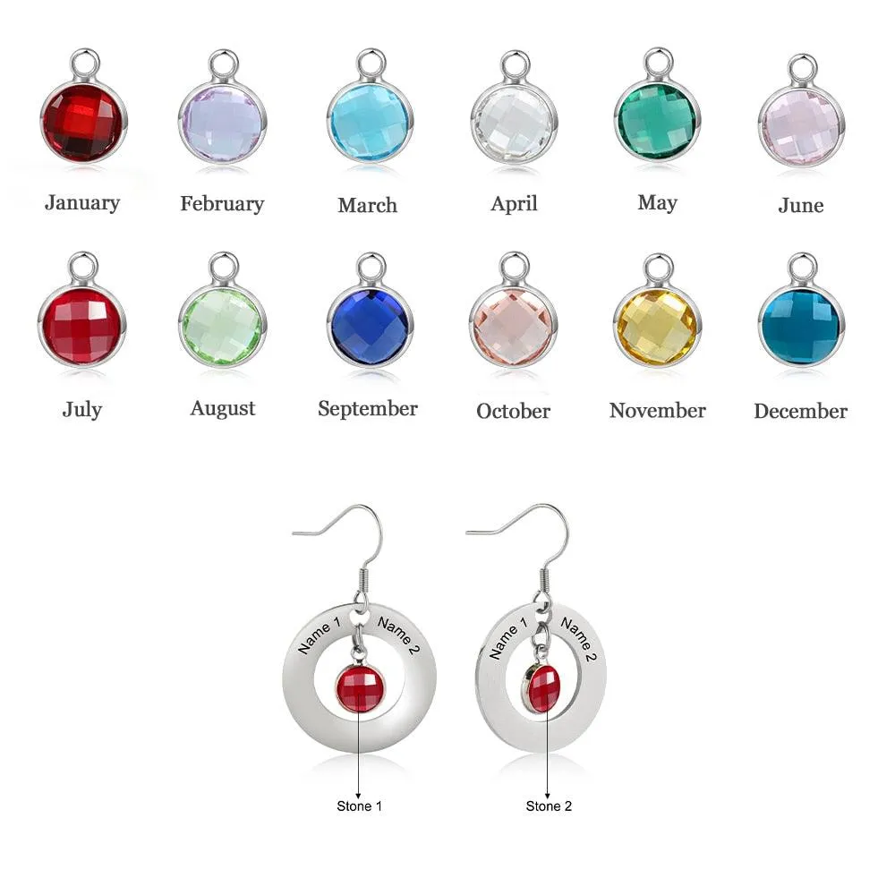 Personalized Stainless Steel Jewelry- Circle Earrings With Birthstones Jewelry- Dangle Drop Earrings For Women- Customized Jewelry For Women