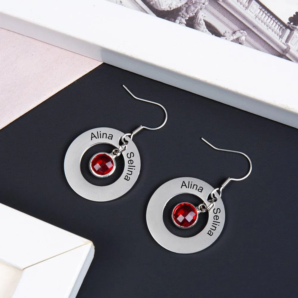 Personalized Stainless Steel Jewelry- Circle Earrings With Birthstones Jewelry- Dangle Drop Earrings For Women- Customized Jewelry For Women