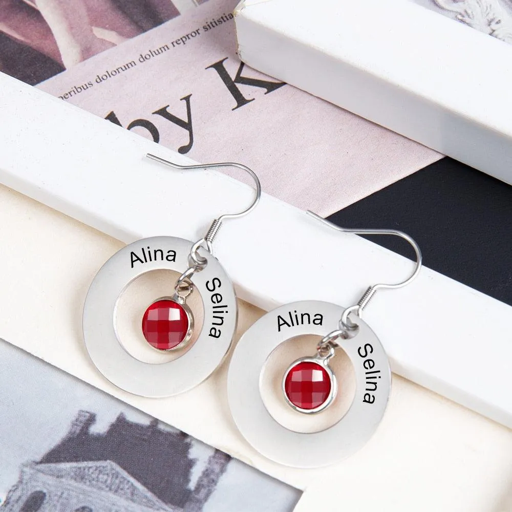 Personalized Stainless Steel Jewelry- Circle Earrings With Birthstones Jewelry- Dangle Drop Earrings For Women- Customized Jewelry For Women