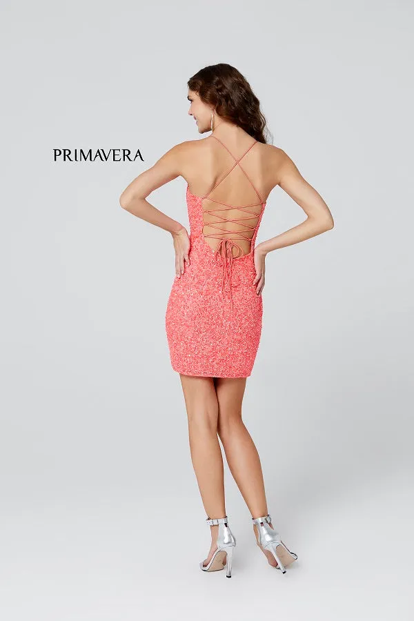 Primavera 3351 Sizes: 6, 10, 14 Red Cocktail Dress Short Fitted Sequin Homecoming Dress Backless