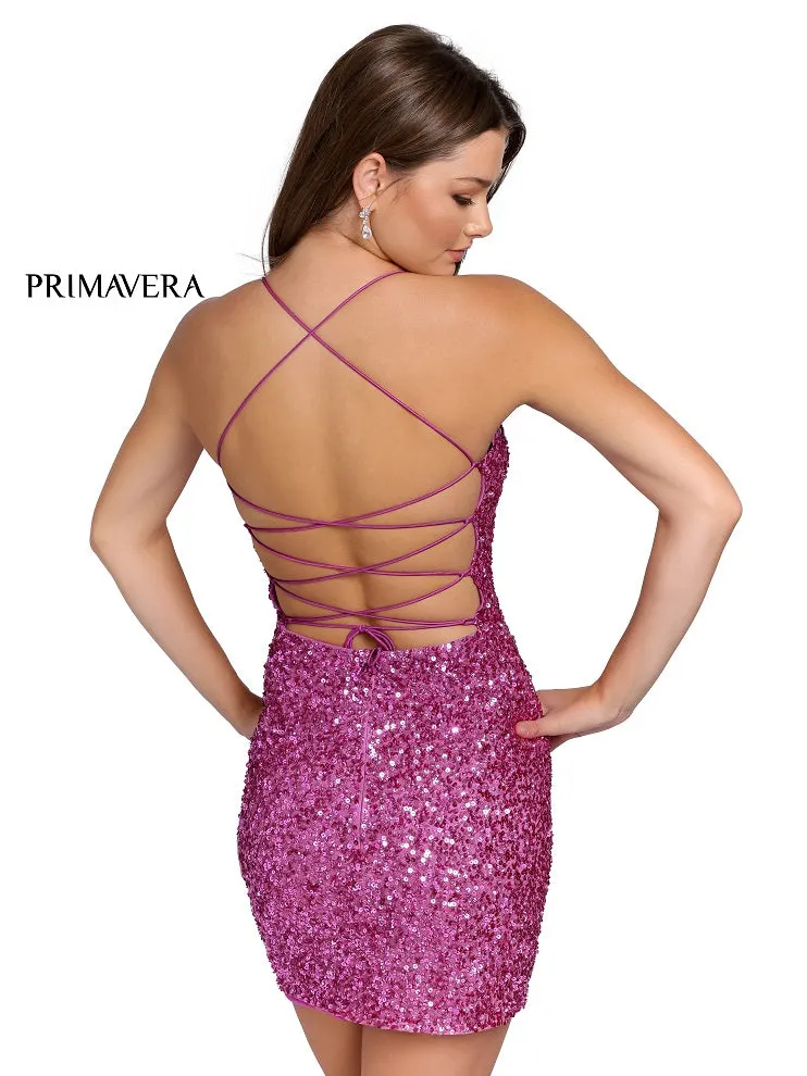 Primavera Couture 3351 Size 4, 14 Fuchsia Cocktail Dress Short Fitted Sequin Backless Homecoming Dress