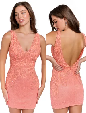 Primavera Couture 3807 Size 00 Coral Short 2022 Homecoming Dress Fitted Sequin Cocktail Dress