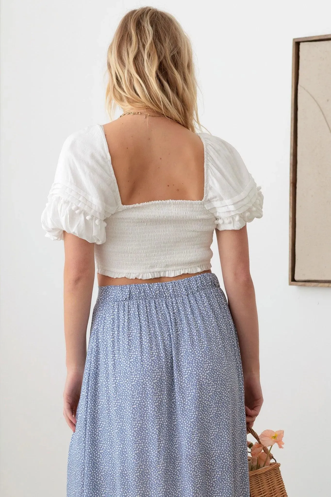 Puff Sleeve Gathered Bust Trim Detail Crop Top