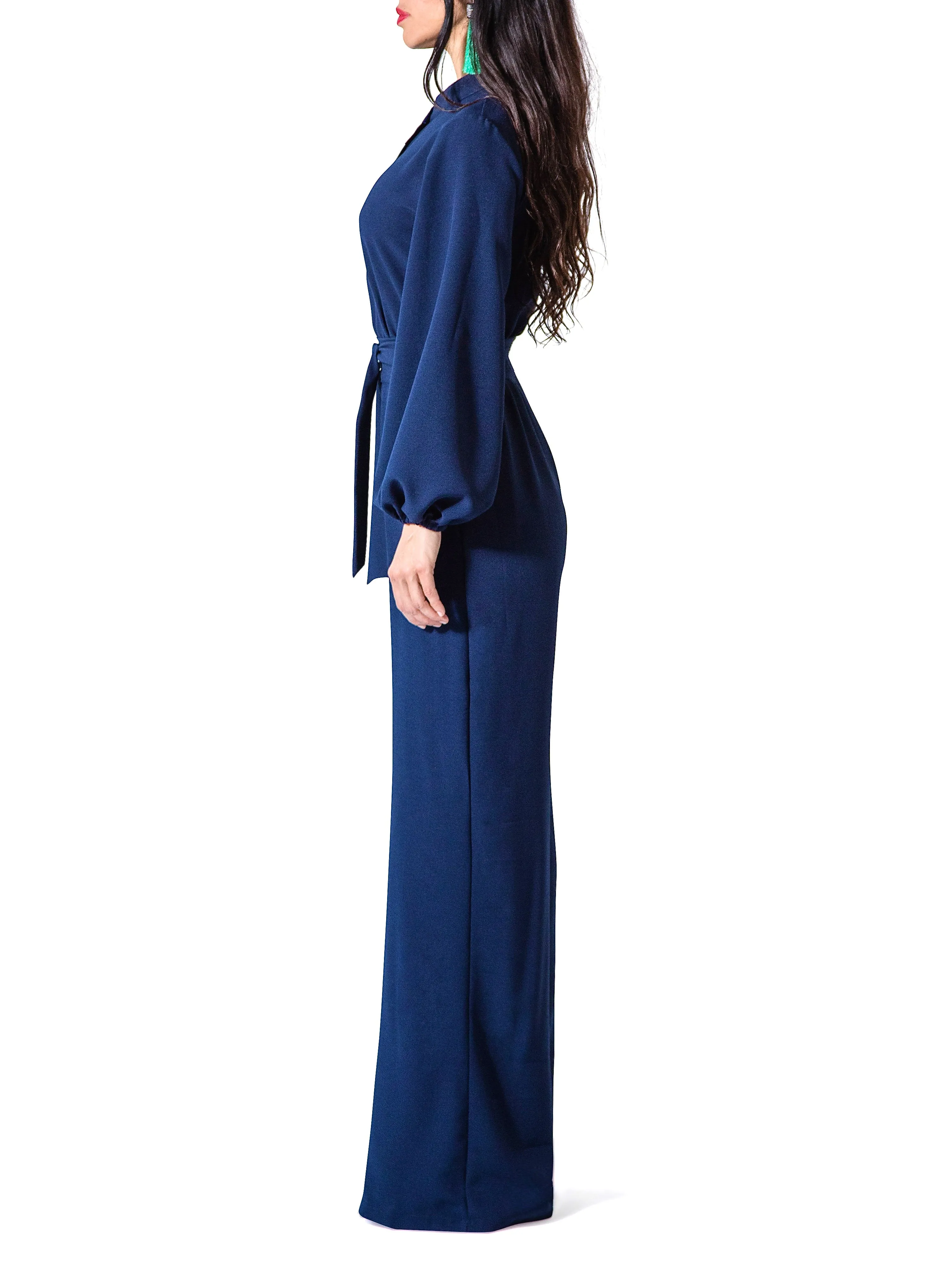 "Linda" Navy Bell Sleeve Wide Leg Jumpsuit