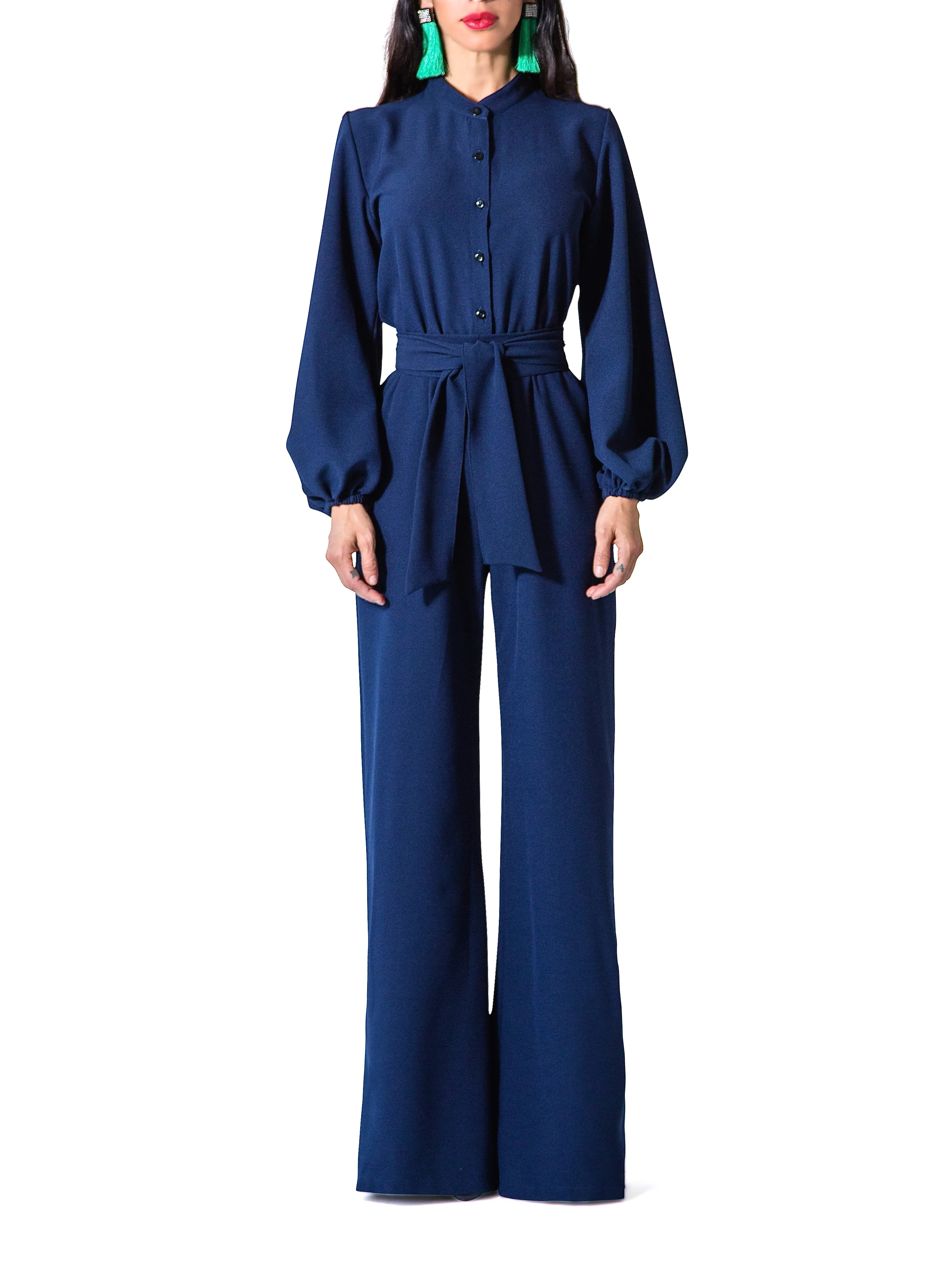 "Linda" Navy Bell Sleeve Wide Leg Jumpsuit