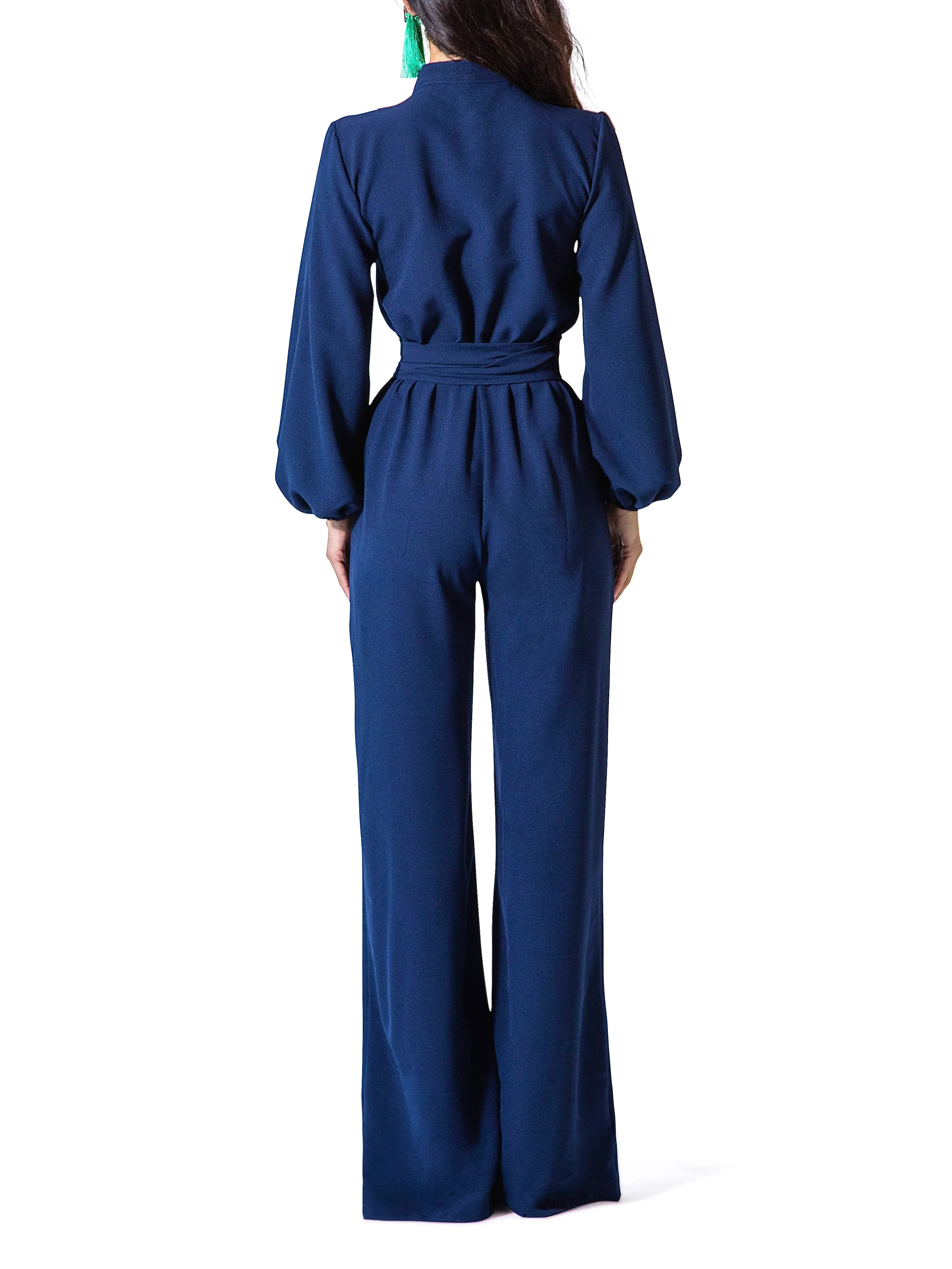 "Linda" Navy Bell Sleeve Wide Leg Jumpsuit