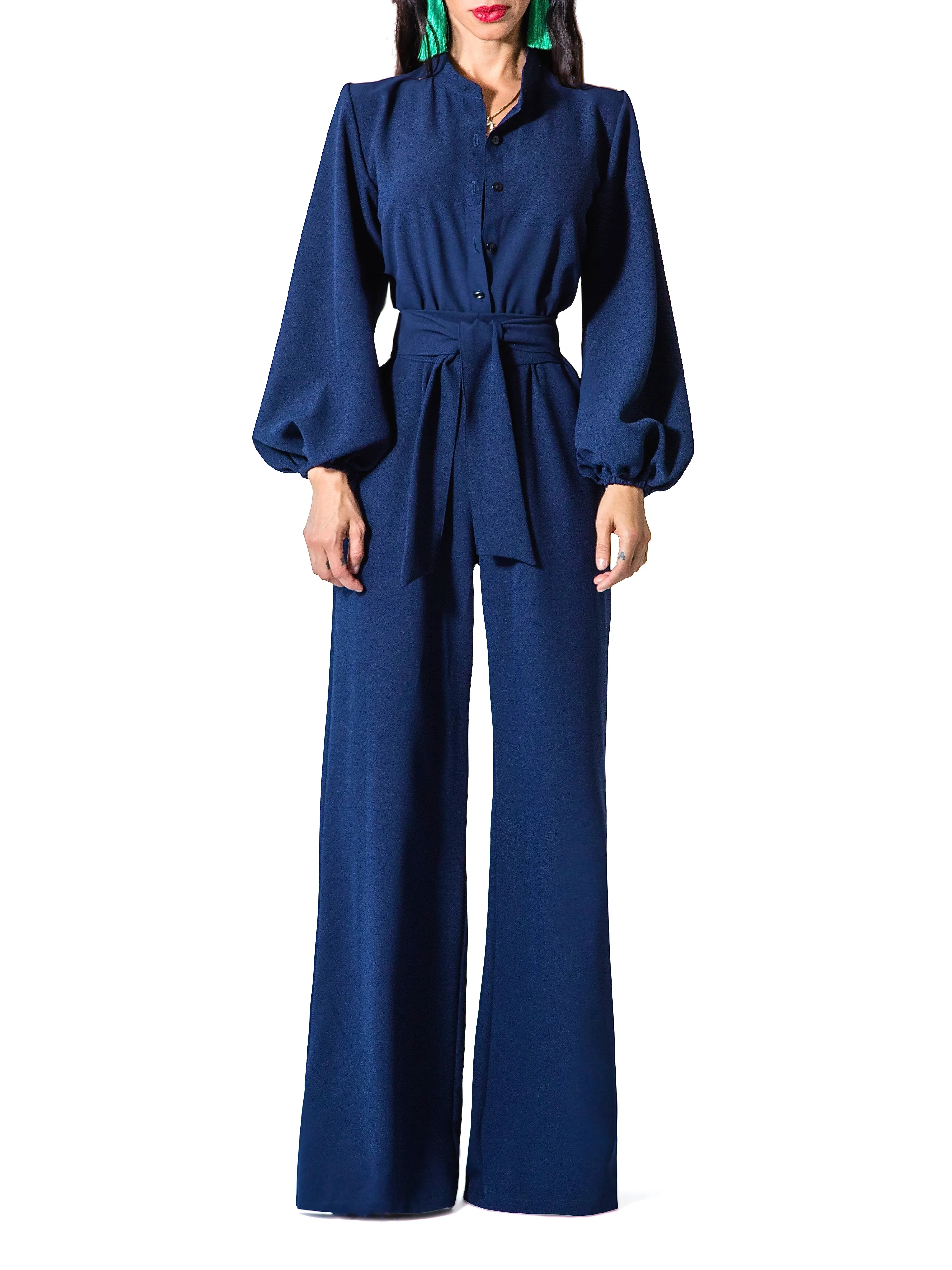 "Linda" Navy Bell Sleeve Wide Leg Jumpsuit