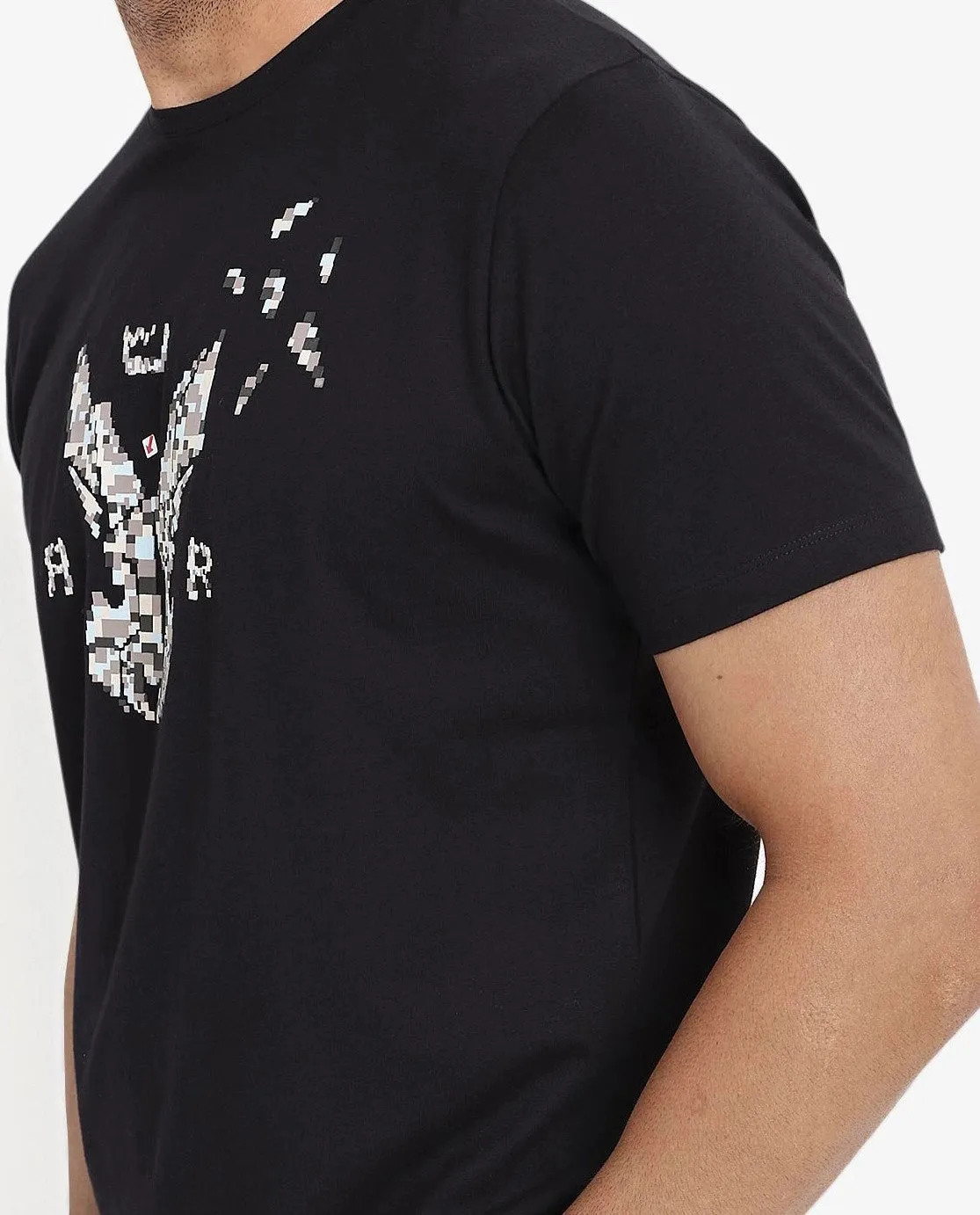 Rare Rabbit Men Conno Black Cotton Lycra Fabric Short Sleeve Crew Neck Oversized Fit Graphic Logo Print T-Shirt