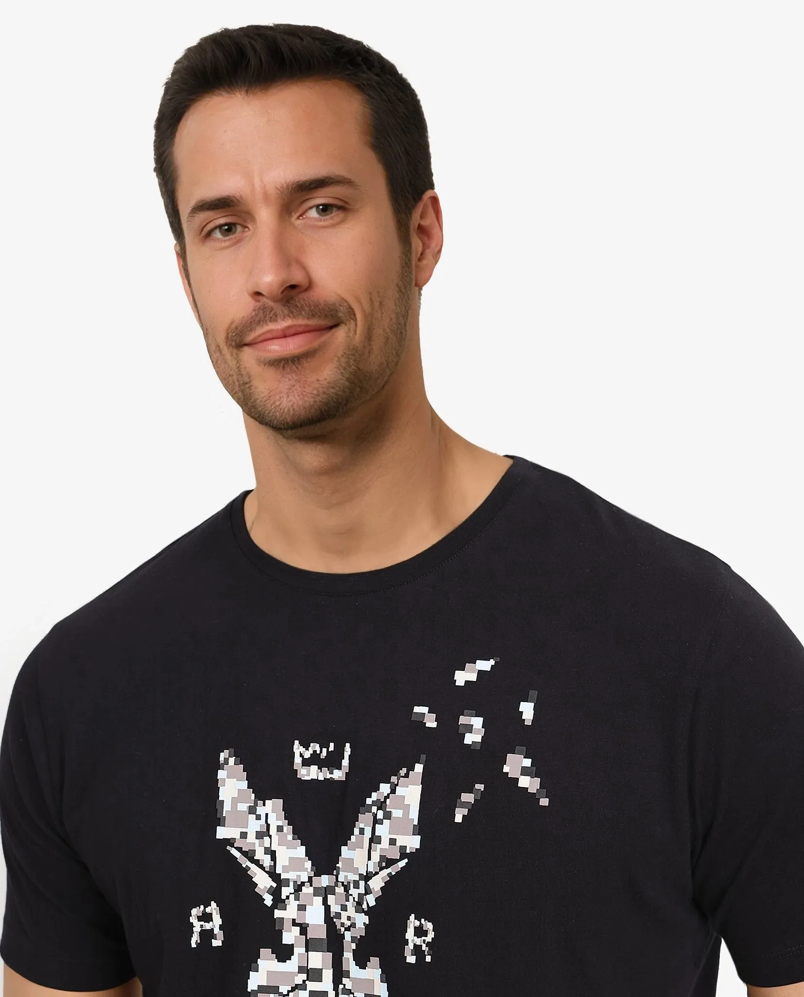 Rare Rabbit Men Conno Black Cotton Lycra Fabric Short Sleeve Crew Neck Oversized Fit Graphic Logo Print T-Shirt