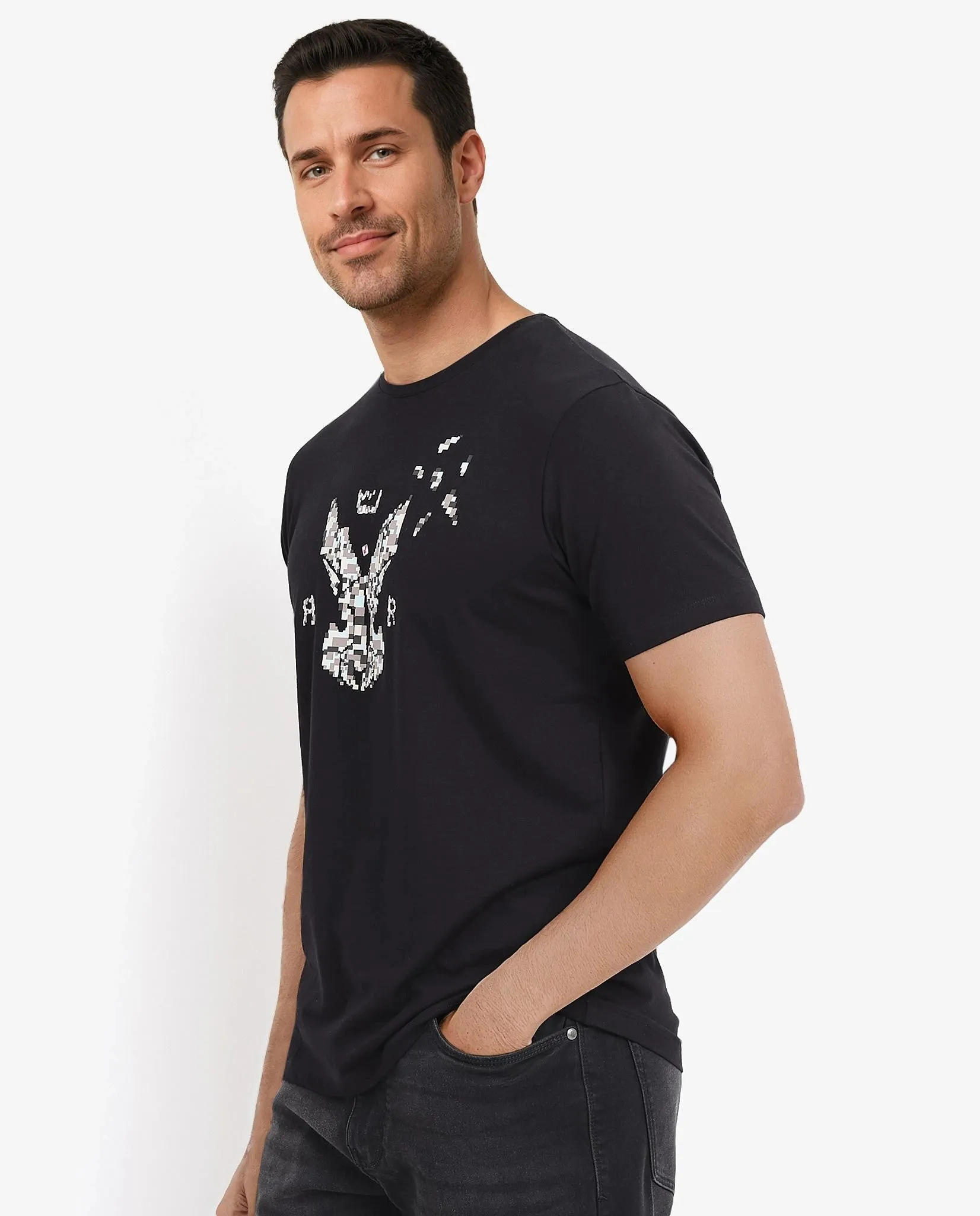 Rare Rabbit Men Conno Black Cotton Lycra Fabric Short Sleeve Crew Neck Oversized Fit Graphic Logo Print T-Shirt
