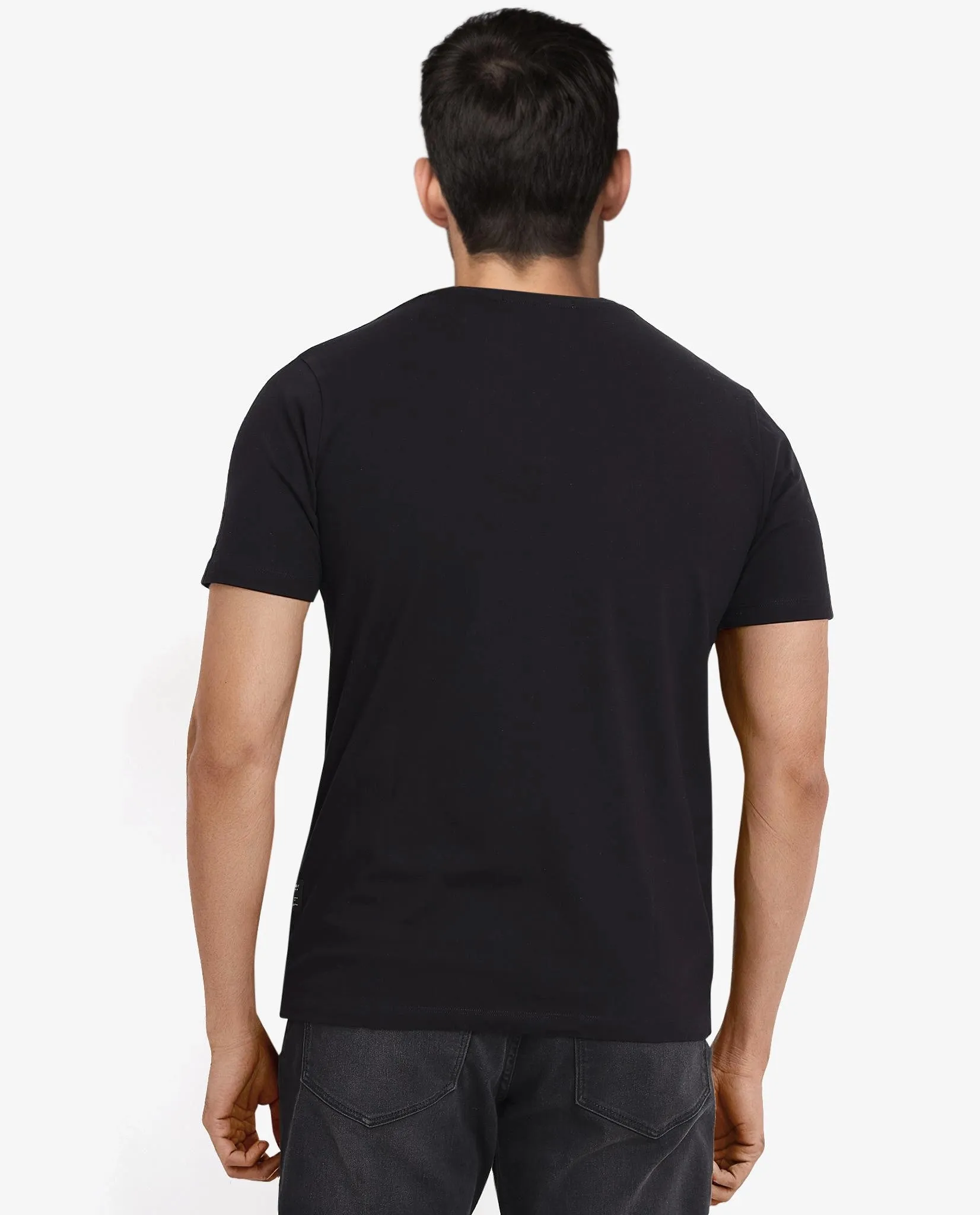 Rare Rabbit Men Conno Black Cotton Lycra Fabric Short Sleeve Crew Neck Oversized Fit Graphic Logo Print T-Shirt
