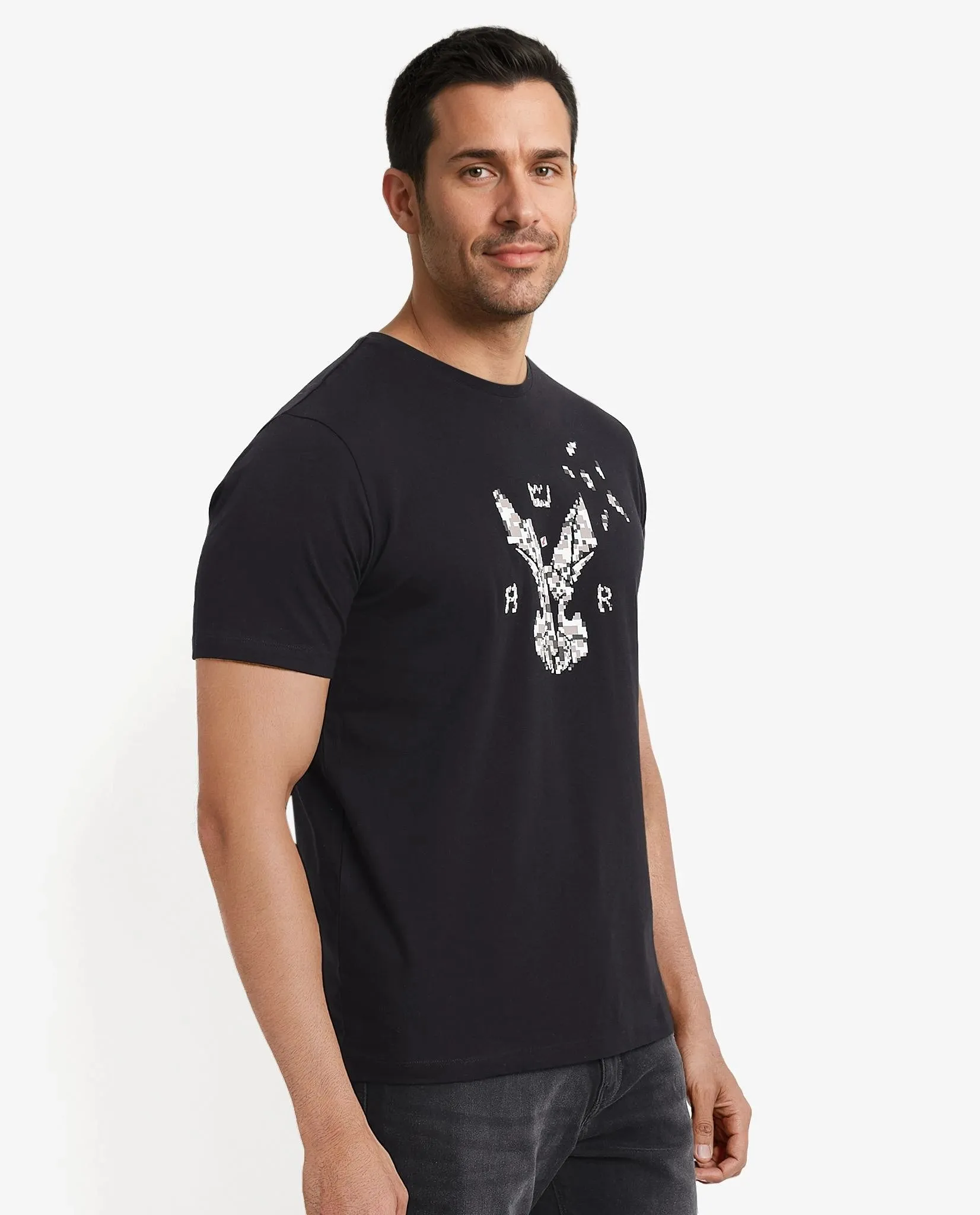 Rare Rabbit Men Conno Black Cotton Lycra Fabric Short Sleeve Crew Neck Oversized Fit Graphic Logo Print T-Shirt