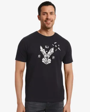Rare Rabbit Men Conno Black Cotton Lycra Fabric Short Sleeve Crew Neck Oversized Fit Graphic Logo Print T-Shirt