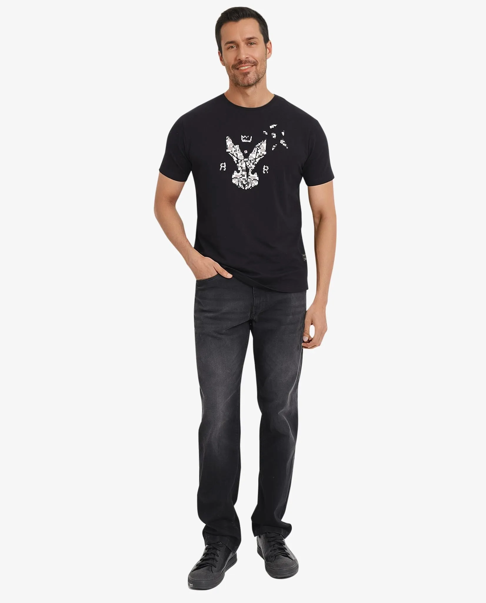 Rare Rabbit Men Conno Black Cotton Lycra Fabric Short Sleeve Crew Neck Oversized Fit Graphic Logo Print T-Shirt