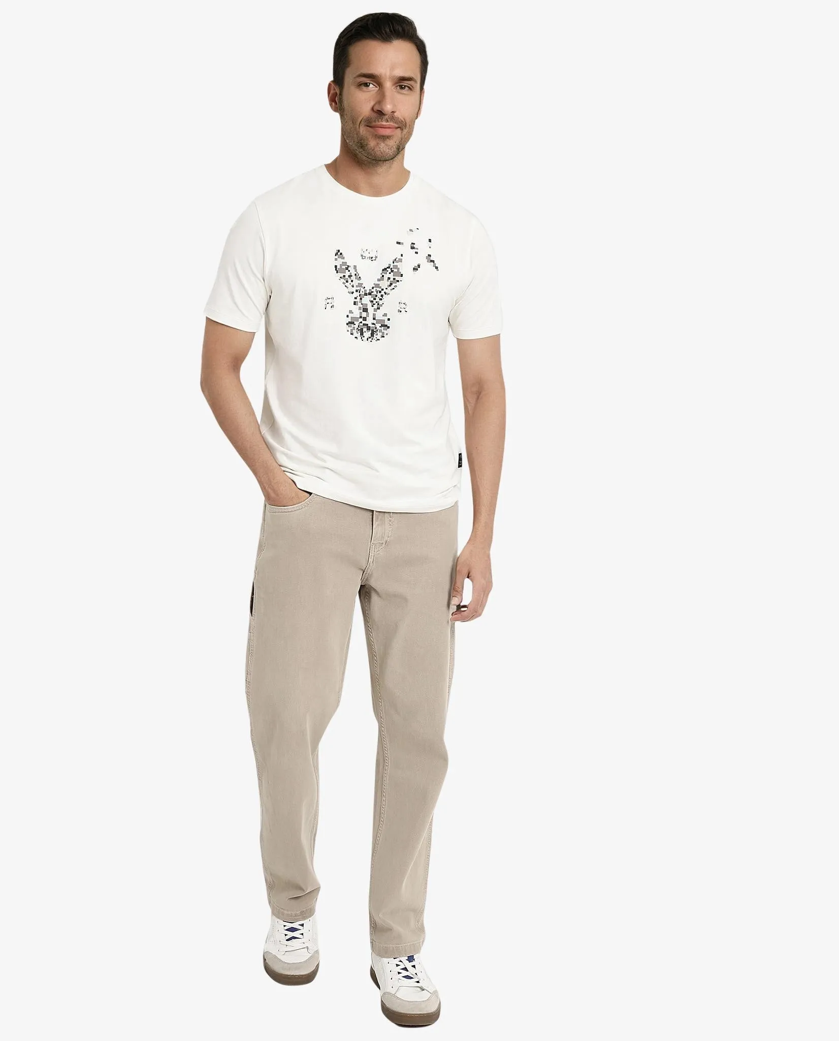 Rare Rabbit Men Conno Off White Cotton Lycra Fabric Short Sleeve Crew Neck Regular Fit Graphic Logo Print T-Shirt