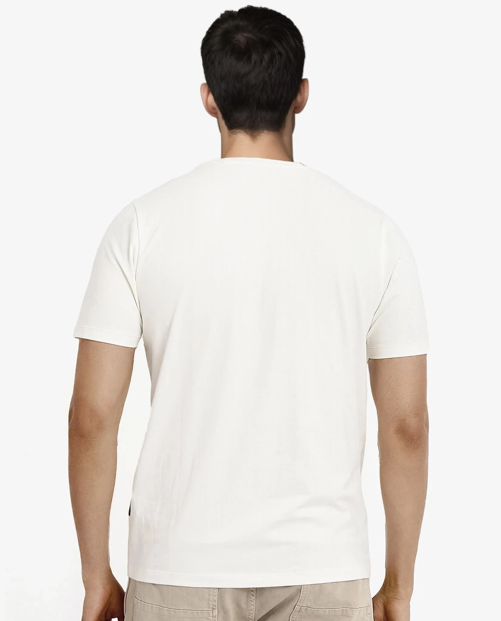 Rare Rabbit Men Conno Off White Cotton Lycra Fabric Short Sleeve Crew Neck Regular Fit Graphic Logo Print T-Shirt