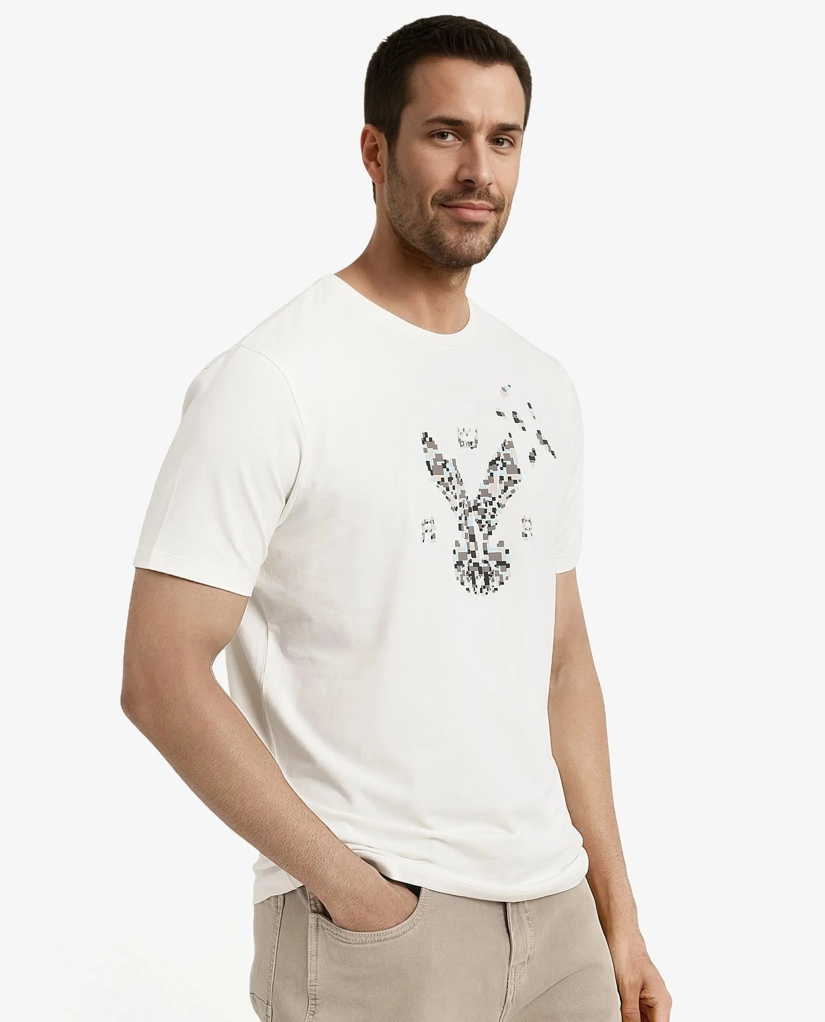 Rare Rabbit Men Conno Off White Cotton Lycra Fabric Short Sleeve Crew Neck Regular Fit Graphic Logo Print T-Shirt