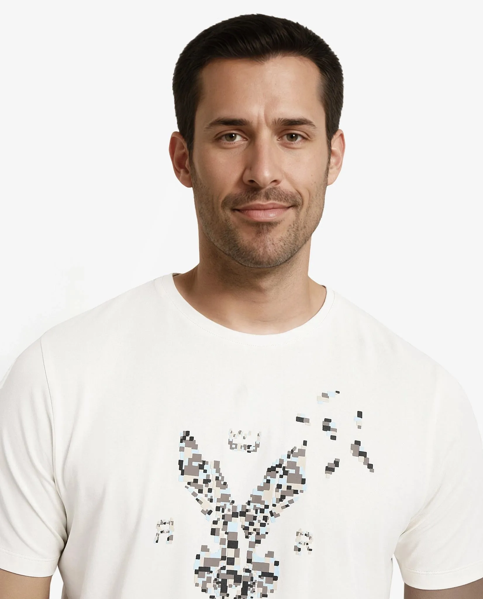 Rare Rabbit Men Conno Off White Cotton Lycra Fabric Short Sleeve Crew Neck Regular Fit Graphic Logo Print T-Shirt