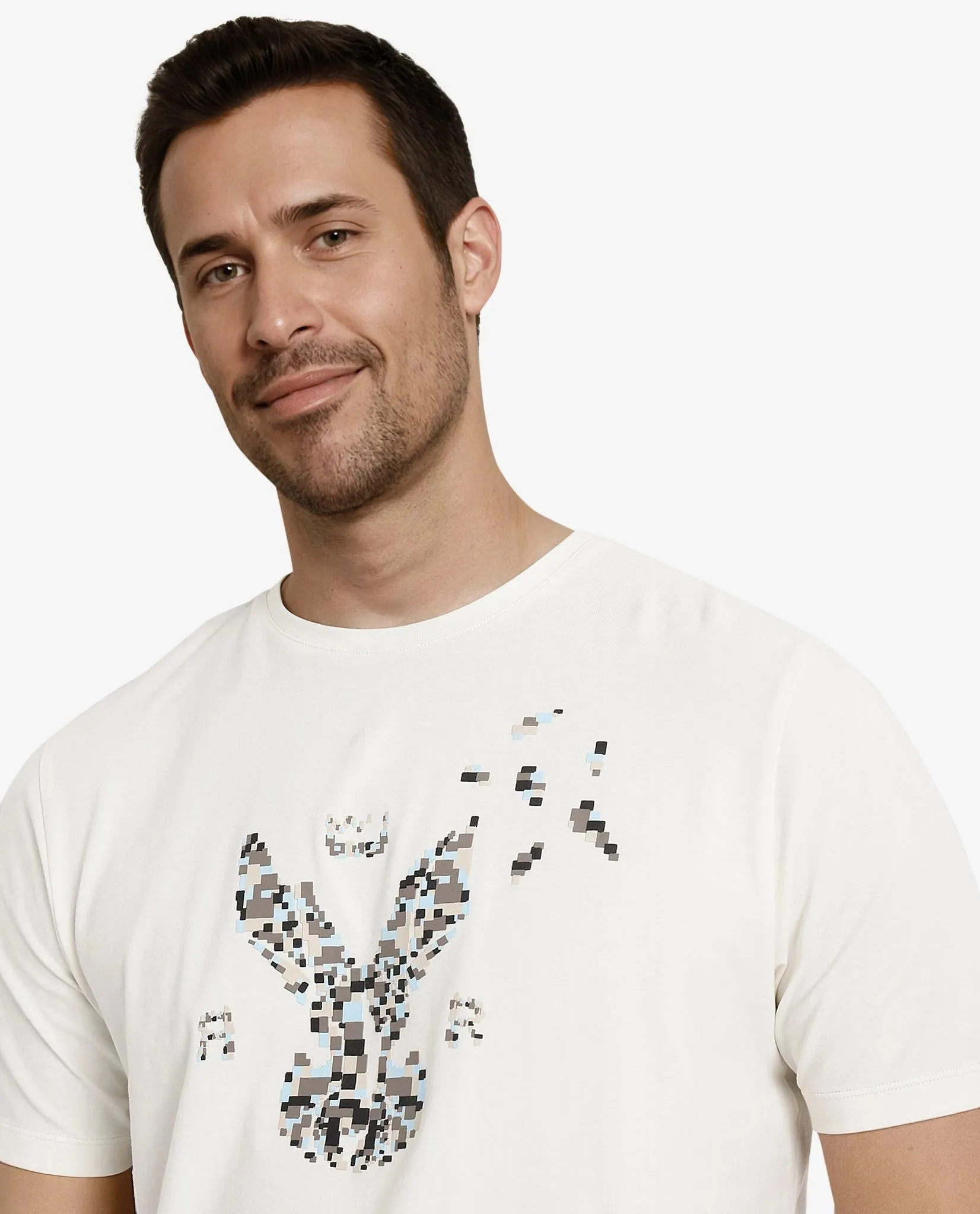 Rare Rabbit Men Conno Off White Cotton Lycra Fabric Short Sleeve Crew Neck Regular Fit Graphic Logo Print T-Shirt