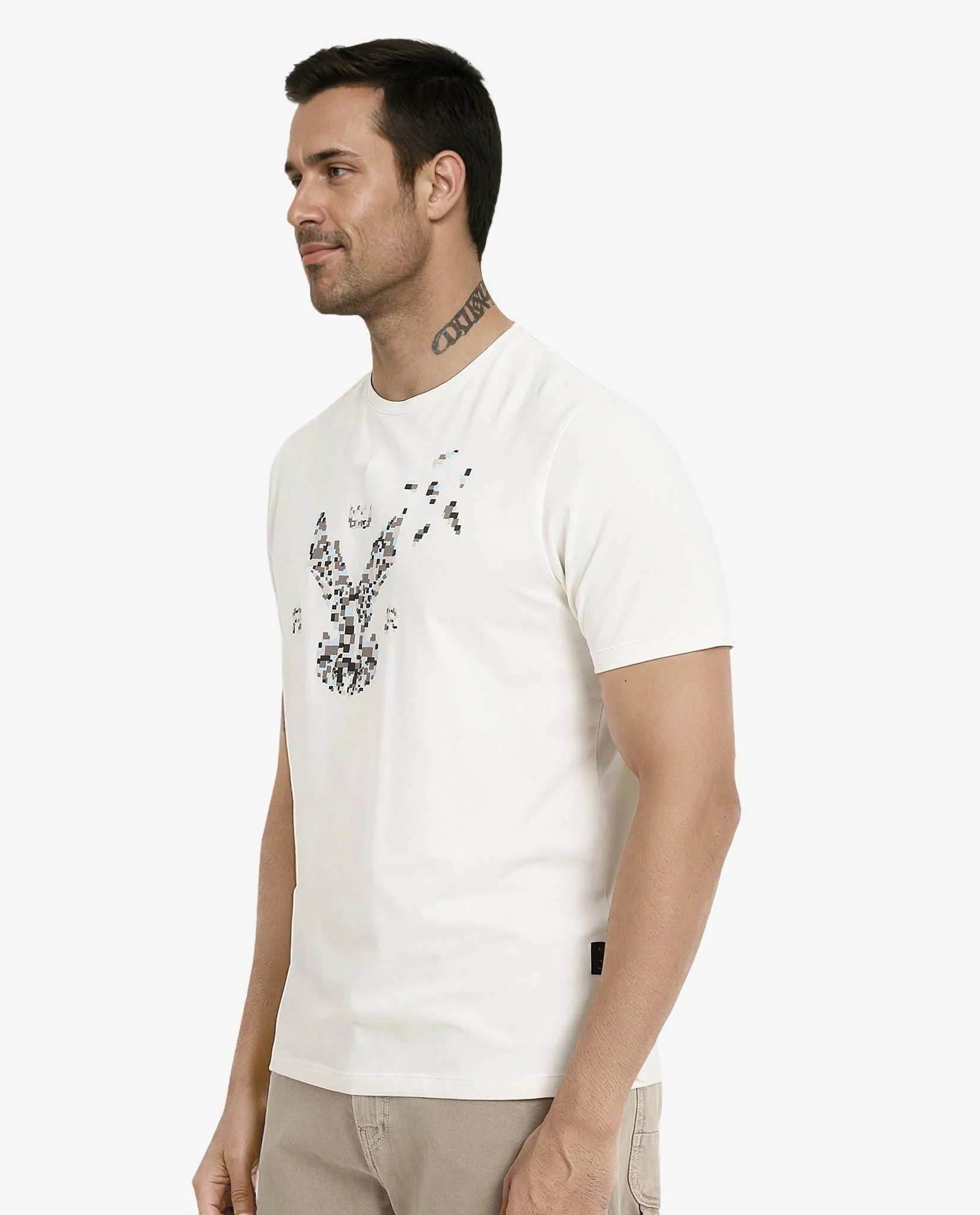 Rare Rabbit Men Conno Off White Cotton Lycra Fabric Short Sleeve Crew Neck Regular Fit Graphic Logo Print T-Shirt