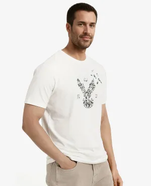 Rare Rabbit Men Conno Off White Cotton Lycra Fabric Short Sleeve Crew Neck Regular Fit Graphic Logo Print T-Shirt