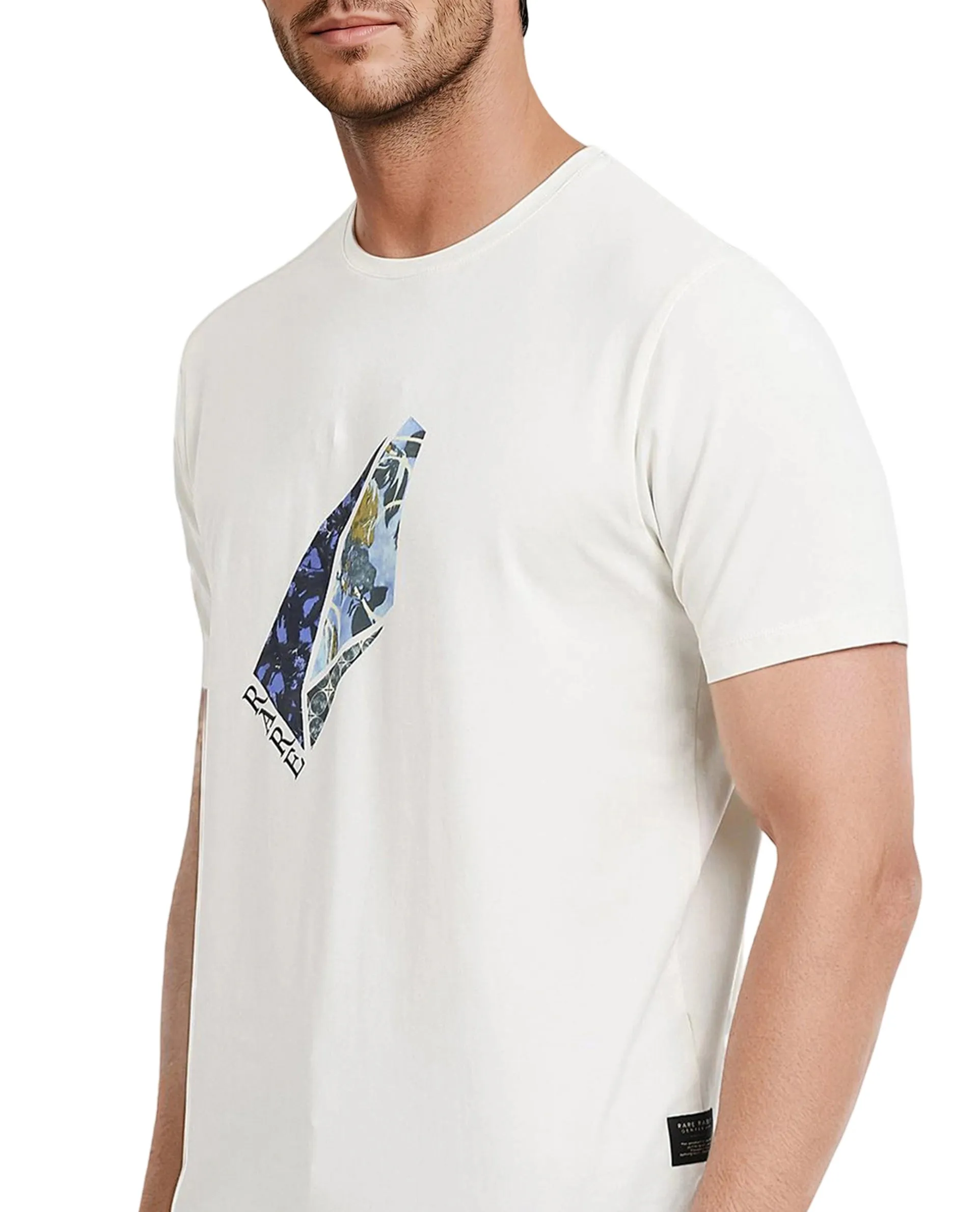 Rare Rabbit Men Lason Off White Cotton Lycra Fabric Short Sleeve Crew Neck Regular Fit Graphic Print T-Shirt