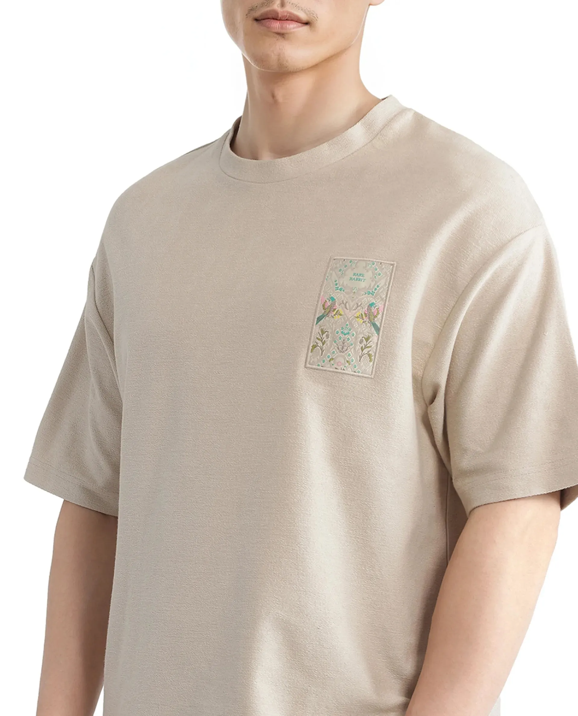 Rare Rabbit Men Oxo Beige Cotton Fabric Short Sleeve Crew Neck Embroidered T-Shirt
