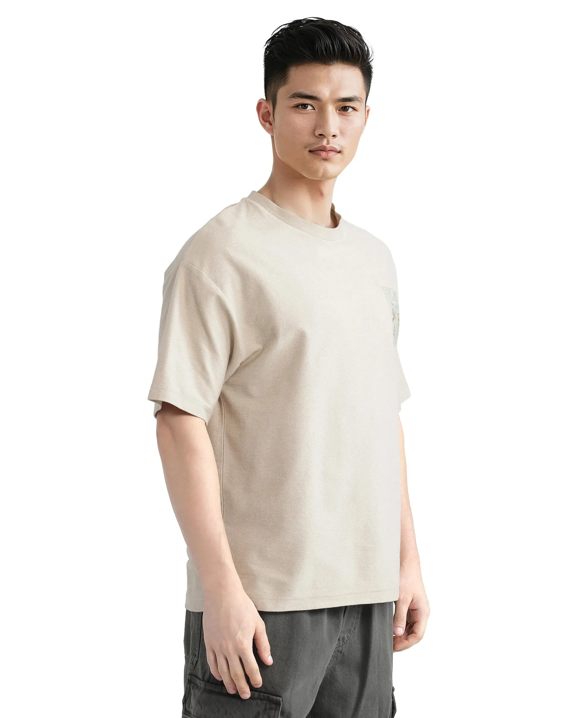 Rare Rabbit Men Oxo Beige Cotton Fabric Short Sleeve Crew Neck Embroidered T-Shirt